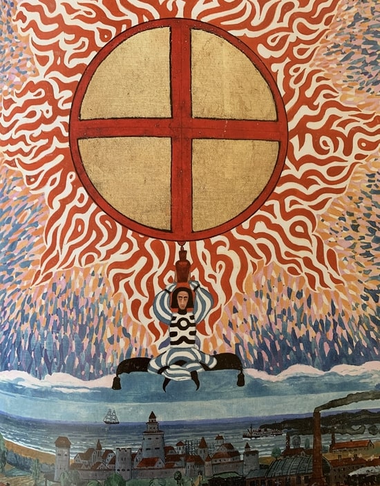 Archetipo Junghiano.Un sole con una croce rossa, un uomo seduto sopra una città